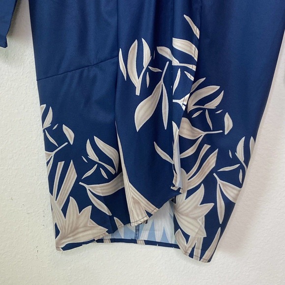 Navy Front Panel Faux Wrap Leaf Pattern Long Sleeved Ruched Navy Dress XXL NWT - Picture 4 of 11
